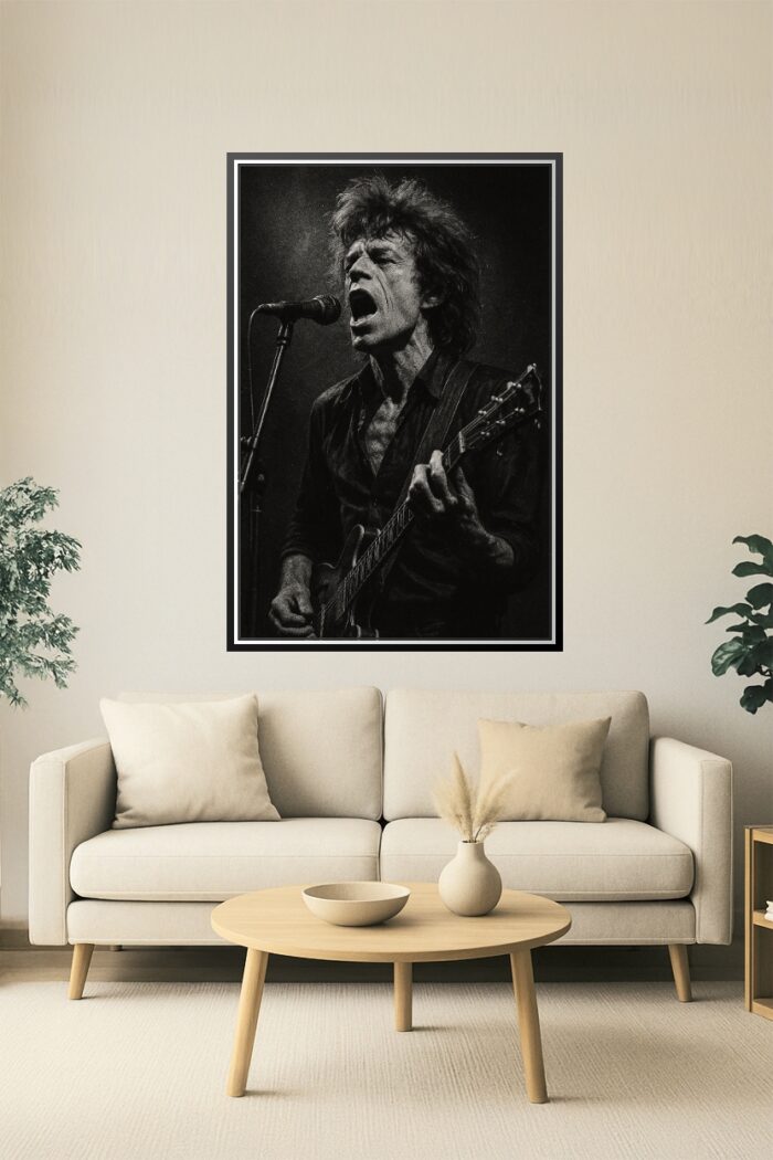 Vintage Rock Singer with Guitar – Black and White Fine Art Poster picture