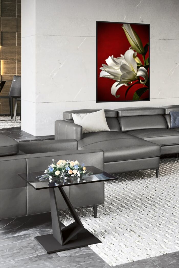 Elegant White Lily on Red – Botanical Fine Art Macro Poster picture