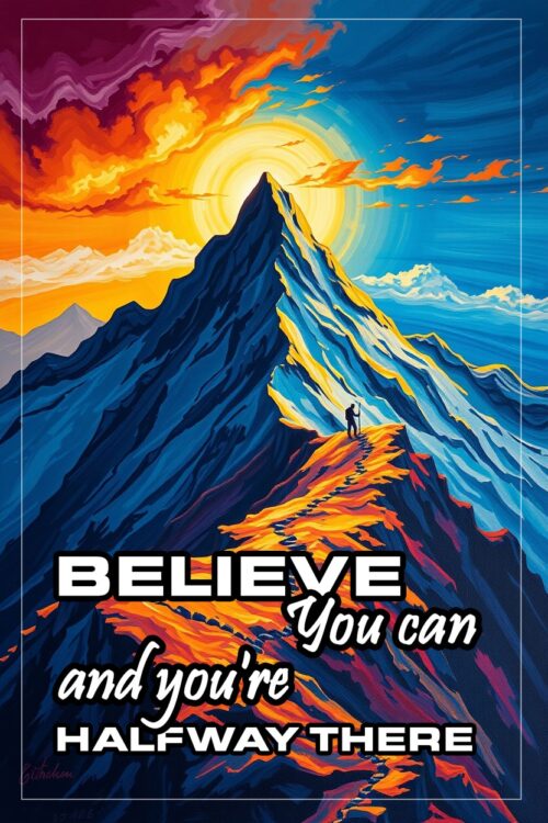 Motivational Mountain Quote Poster – Believe You Can and You're Halfway There Wall Art picture