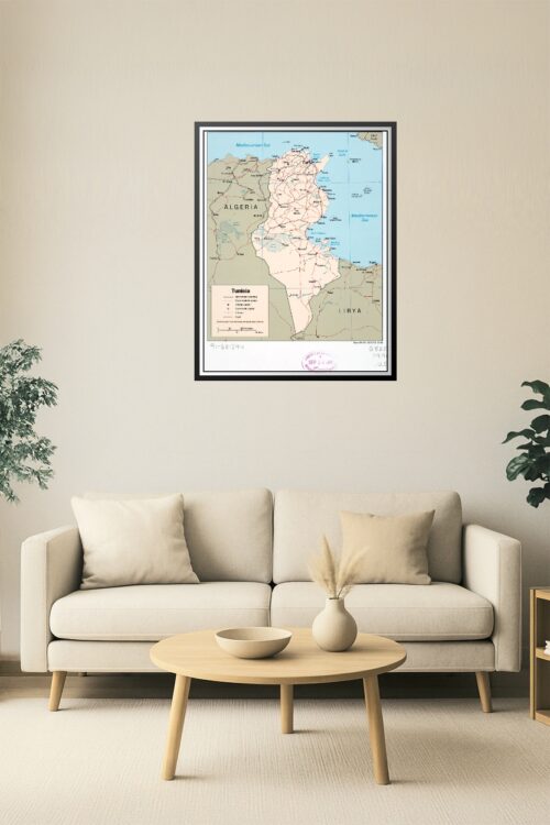 Tunisia Political Map Poster – Vintage 1990 Governorate and Road Map picture