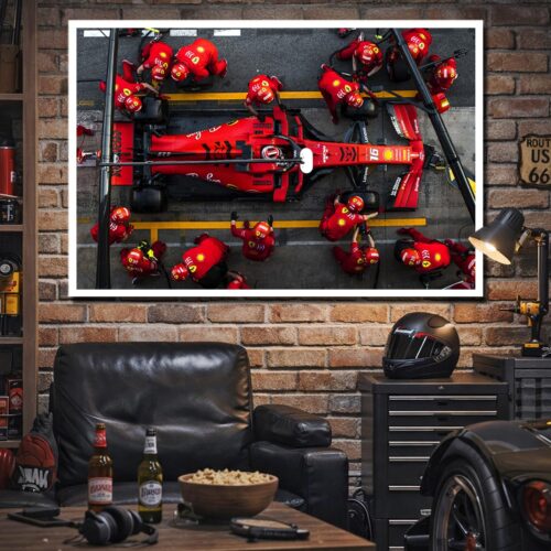 Ferrari Formula 1 pit stop racing poster with red race car and pit crew, garage wall decor motorsport wall art