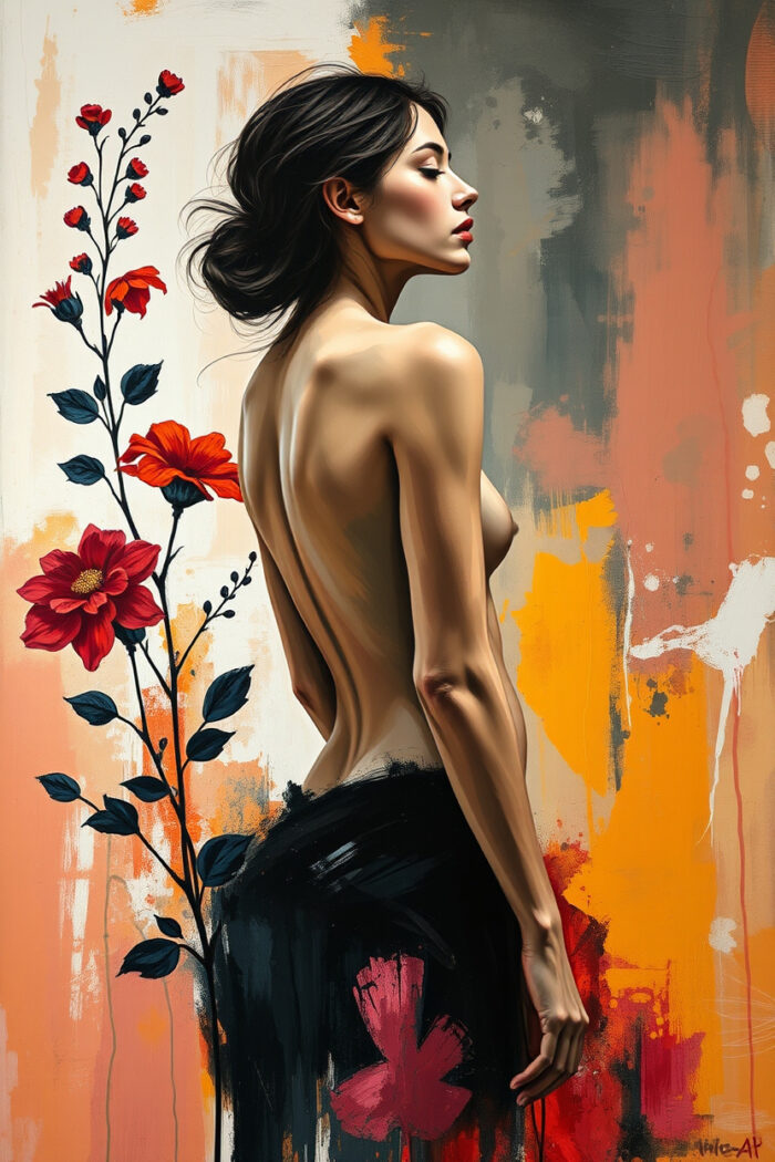 Crimson Silence – Elegant Back Nude Female Art Poster with Floral Accents picture