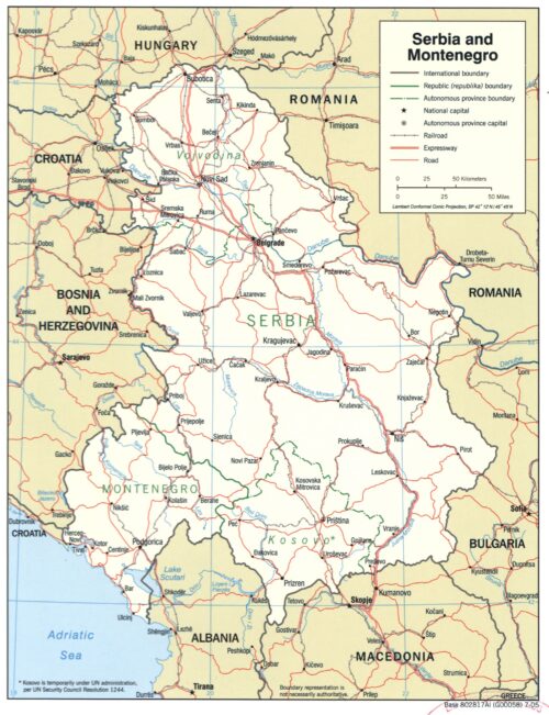 Serbia and Montenegro Political Map – Pre-2006 Republics with Kosovo & Vojvodina Boundaries picture