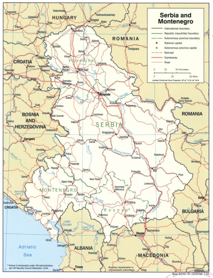 Serbia and Montenegro Political Map – Pre-2006 Republics with Kosovo & Vojvodina Boundaries picture