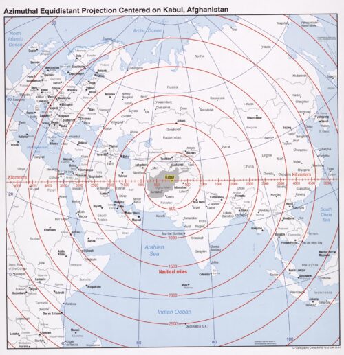 Azimuthal Equidistant Projection Map Centered on Kabul, Afghanistan – Distance Rings Map picture