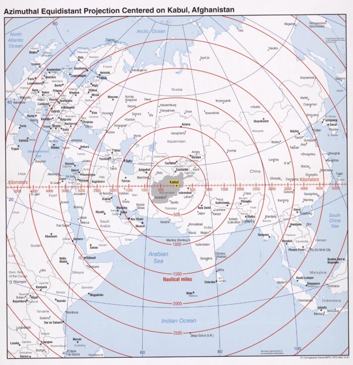 Azimuthal Equidistant Projection Map Centered on Kabul, Afghanistan – Distance Rings Map picture