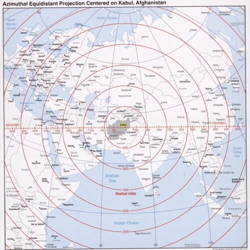 Azimuthal Equidistant Projection Map Centered on Kabul, Afghanistan – Distance Rings Map picture