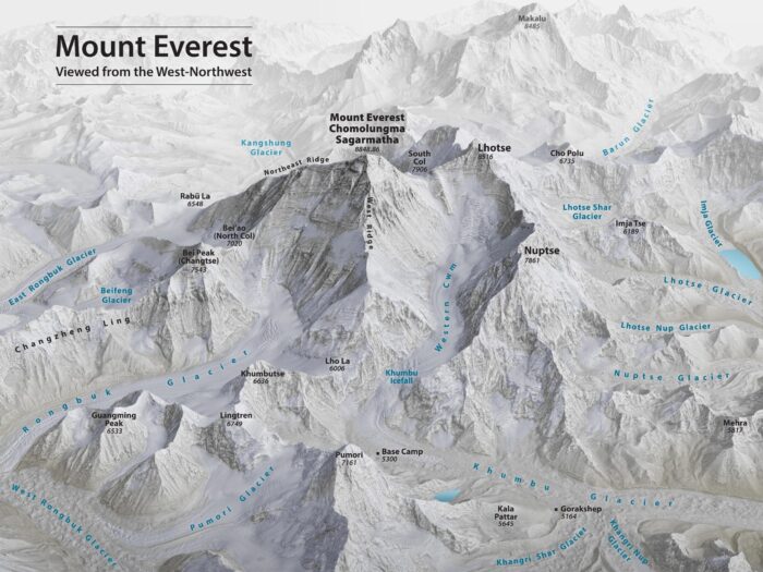 Mount Everest 3D Relief Map – West-Northwest Aerial View picture