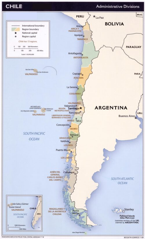 Chile Administrative Poster Map – 15 Regions, Capitals & Boundaries picture