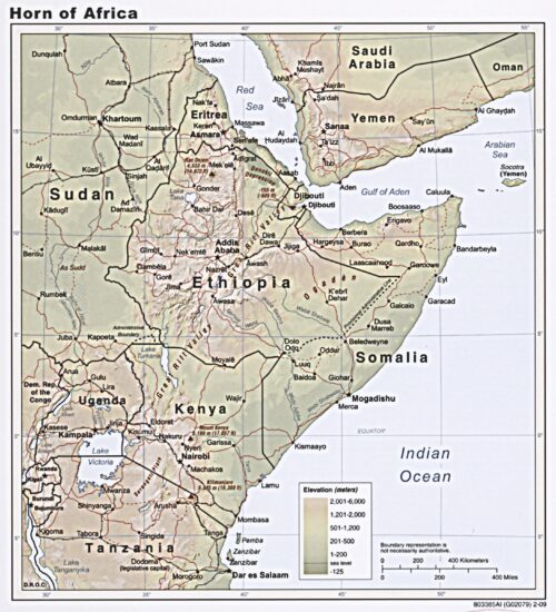 Horn of Africa Political and Elevation Poster – Ethiopia, Somalia, Kenya, Sudan, Yemen picture