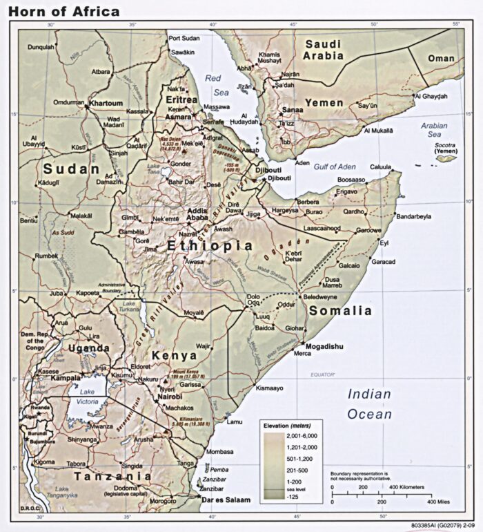 Horn of Africa Political and Elevation Poster – Ethiopia, Somalia, Kenya, Sudan, Yemen picture