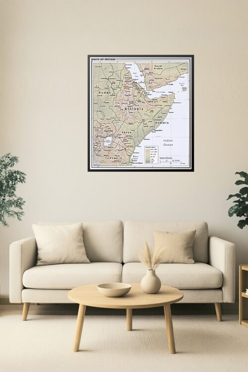 Horn of Africa Political and Elevation Poster – Ethiopia, Somalia, Kenya, Sudan, Yemen picture