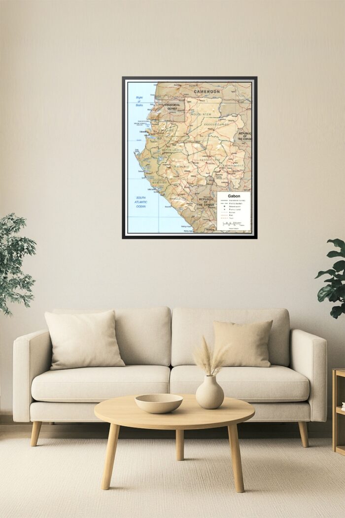 Gabon Political and Relief Poster – Provinces, Roads, and Terrain Detail picture