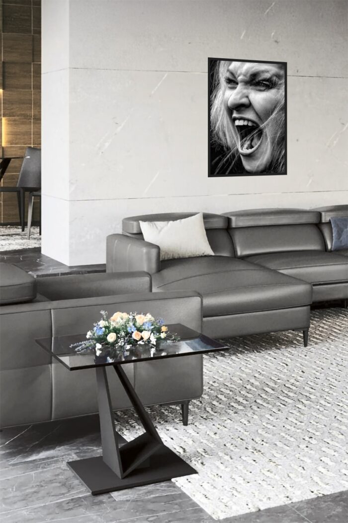 Raw Emotion Portrait – Screaming Woman in High Contrast B&W picture