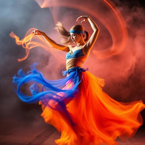Fiery Dance in Motion Art Poster – Vivid Orange & Blue Flow picture