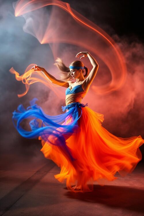 Fiery Dance in Motion Art Poster – Vivid Orange & Blue Flow picture