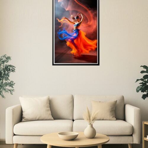 Fiery Dance in Motion Art Poster – Vivid Orange & Blue Flow picture