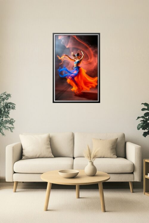 Fiery Dance in Motion Art Poster – Vivid Orange & Blue Flow picture