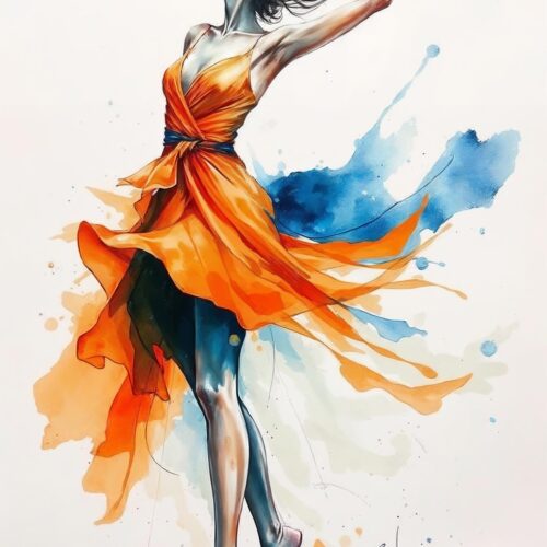 Watercolor Dancer Art Print – Elegant Woman in Orange Dress picture