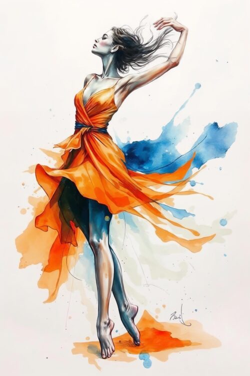 Watercolor Dancer Art Print – Elegant Woman in Orange Dress picture