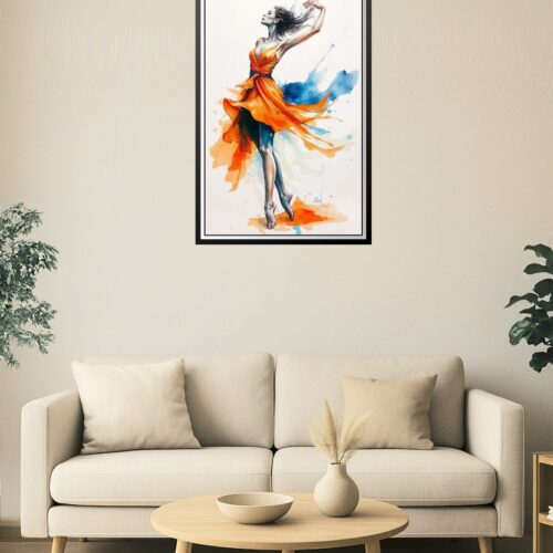 Watercolor Dancer Art Print – Elegant Woman in Orange Dress picture