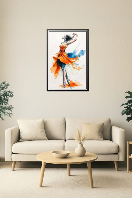Watercolor Dancer Art Print – Elegant Woman in Orange Dress picture