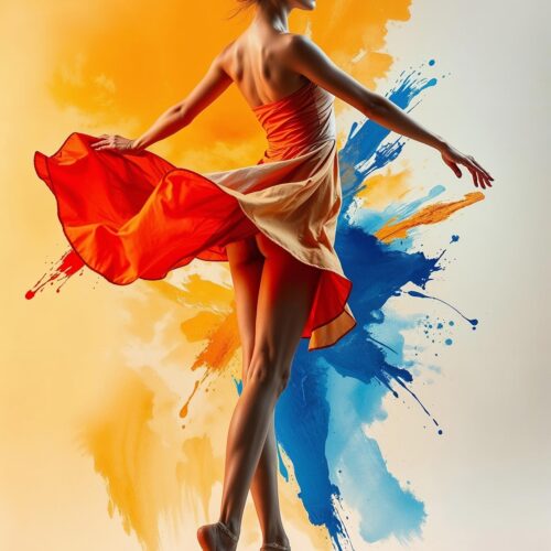 Dynamic Ballet Art Poster – Orange Dress with Splash Background picture