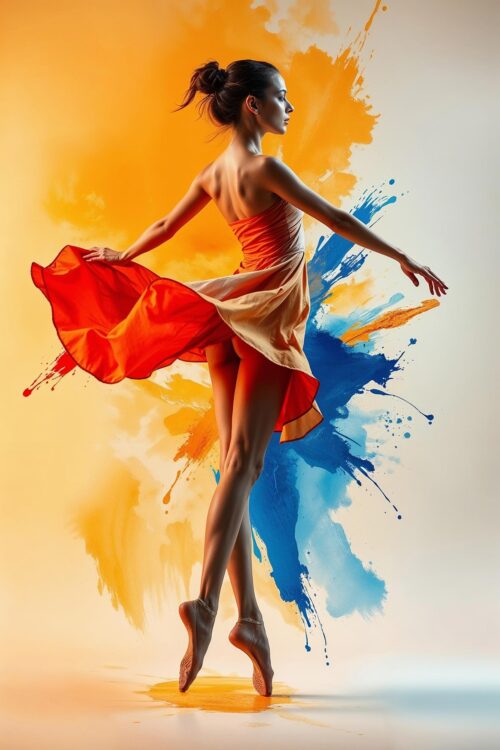 Dynamic Ballet Art Poster – Orange Dress with Splash Background picture