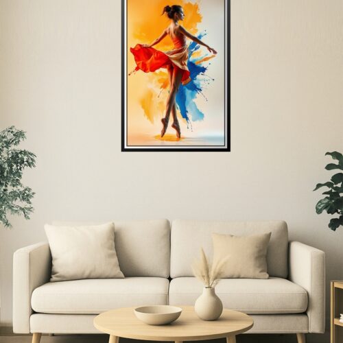 Dynamic Ballet Art Poster – Orange Dress with Splash Background picture