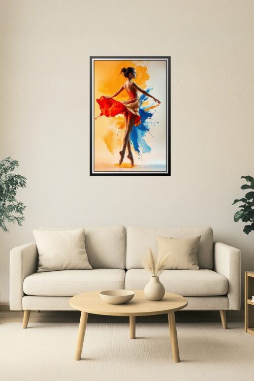 Dynamic Ballet Art Poster – Orange Dress with Splash Background picture