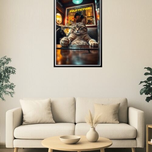 Cool Cat with Martini & Pulp Fiction Poster – Funny Bar Art Print picture