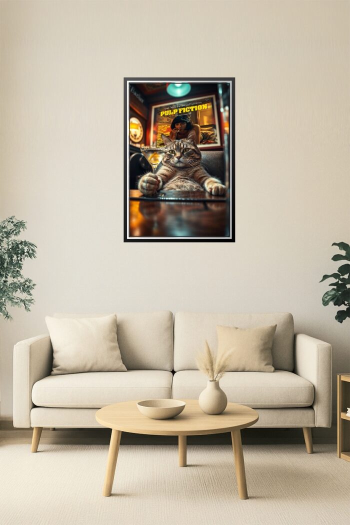 Cool Cat with Martini & Pulp Fiction Poster – Funny Bar Art Print picture