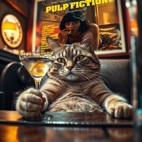 Cool Cat with Martini & Pulp Fiction Poster – Funny Bar Art Print picture