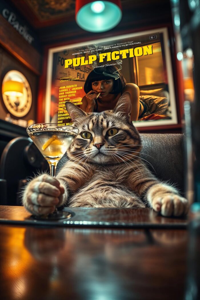 Cool Cat with Martini & Pulp Fiction Poster – Funny Bar Art Print picture