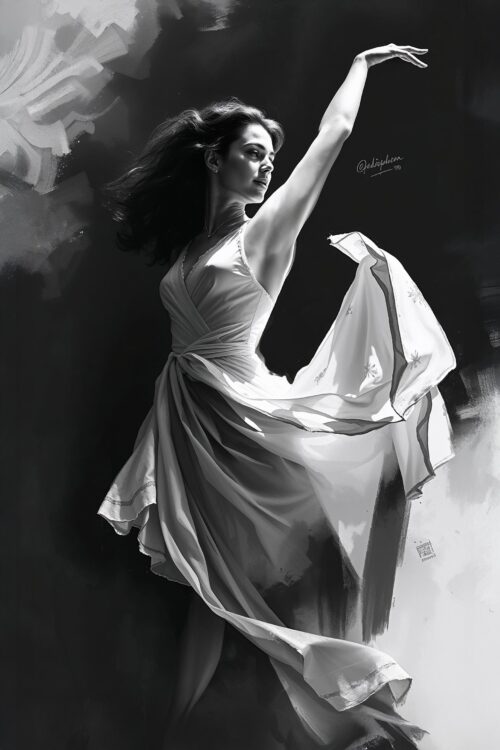 Elegant Black & White Dance Portrait – Flowing Dress Fine Art Print picture