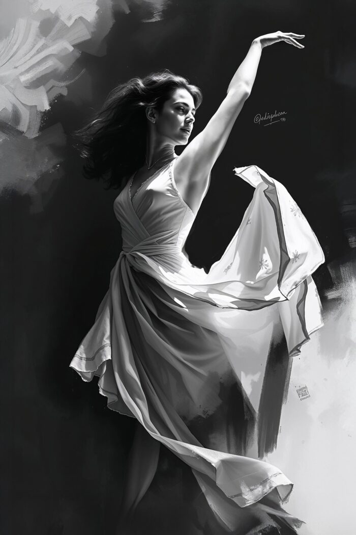 Elegant Black & White Dance Portrait – Flowing Dress Fine Art Print picture