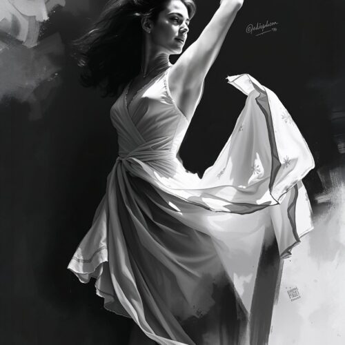 Elegant Black & White Dance Portrait – Flowing Dress Fine Art Print picture