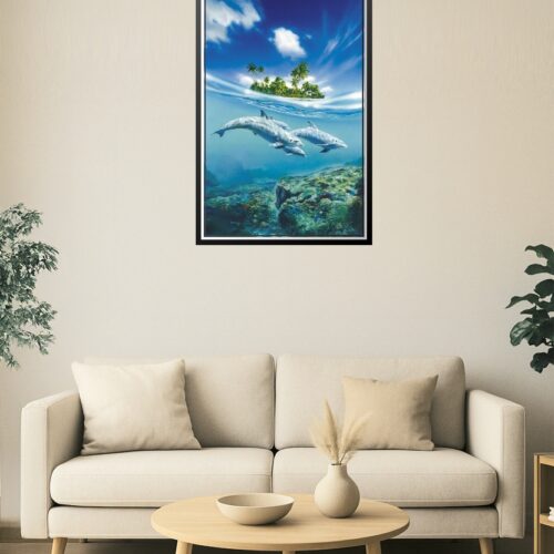 Tropical Island & Dolphin Pod Poster – Split Ocean View Art picture