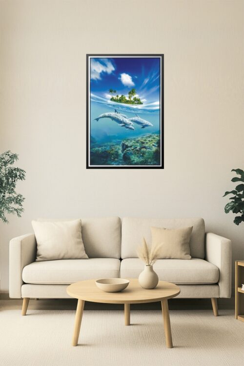 Tropical Island & Dolphin Pod Poster – Split Ocean View Art picture