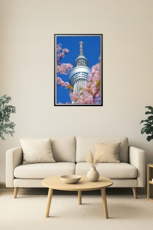 Tokyo Tower-Inspired Skyline Poster – Cherry Blossom Framed View picture