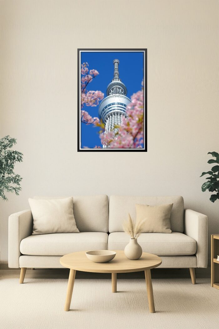 Tokyo Tower-Inspired Skyline Poster – Cherry Blossom Framed View picture