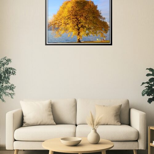 Golden Autumn Tree by the Lake Poster – Tranquil Nature Scene picture