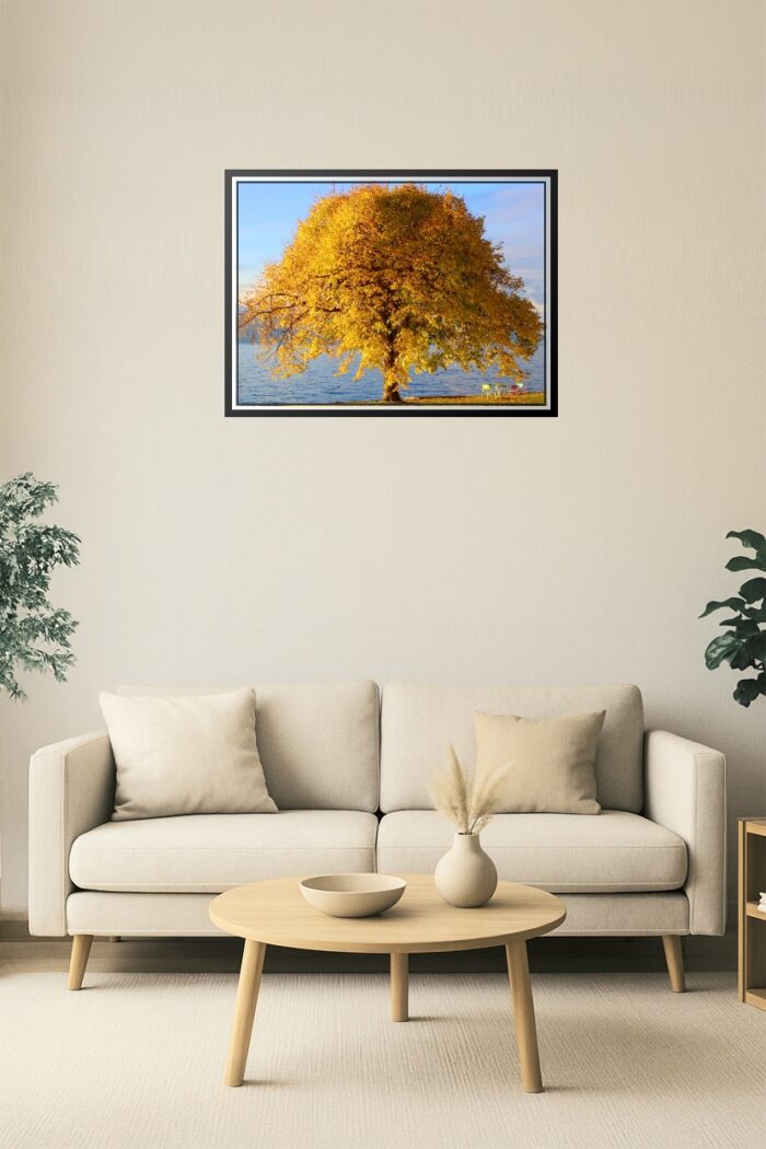 Golden Autumn Tree by the Lake Poster – Tranquil Nature Scene picture