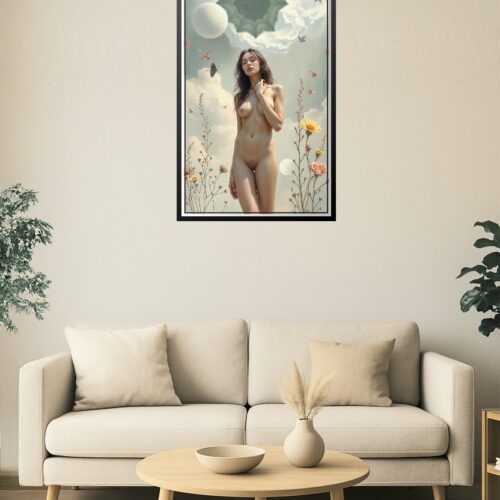 Surreal Nude Wall Art – Ethereal Female Figure with Floral and Sky Elements picture