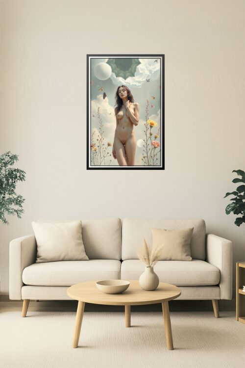 Surreal Nude Wall Art – Ethereal Female Figure with Floral and Sky Elements picture