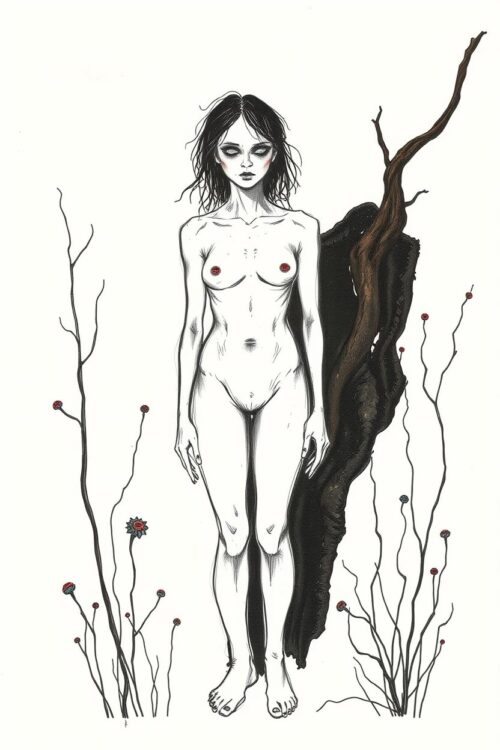 Dark Botanical Nude Female Illustration – Gothic Fine Art Print picture