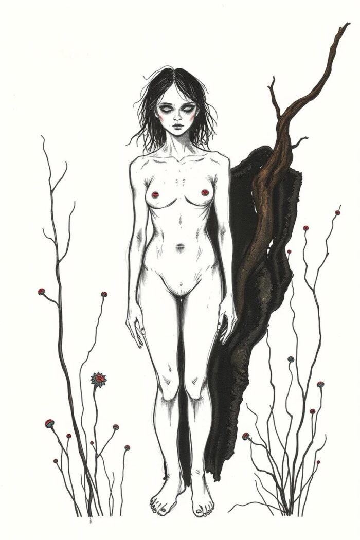 Dark Botanical Nude Female Illustration – Gothic Fine Art Print picture