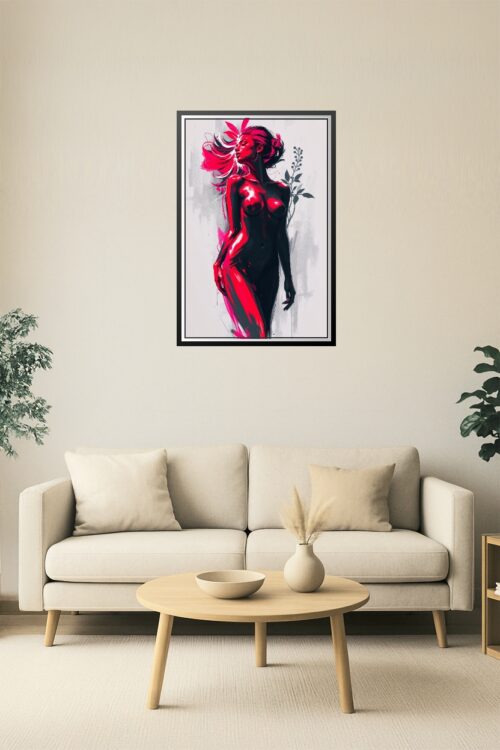Neon Red Nude Woman Abstract Art Print – Bold Figurative Wall Decor picture