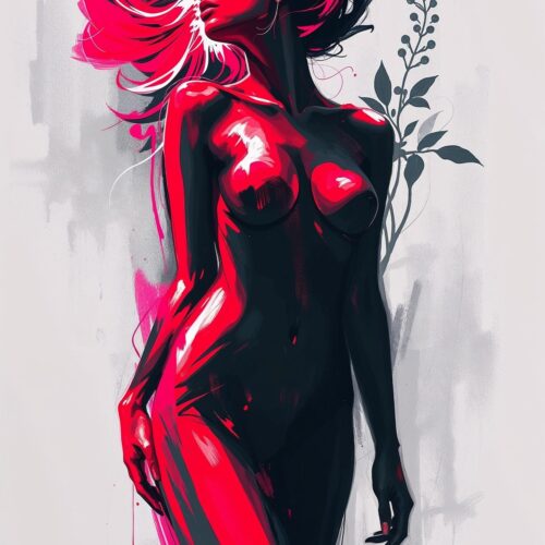 Neon Red Nude Woman Abstract Art Print – Bold Figurative Wall Decor picture