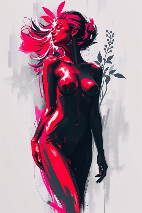 Neon Red Nude Woman Abstract Art Print – Bold Figurative Wall Decor picture